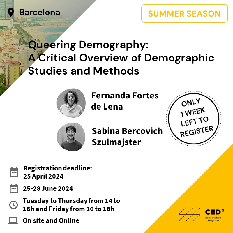 CEDemografia's tweet photo. 📢 Only one week left to register for the course Queering Demography: A Critical Overview of Demographic Studies and Methods! 🌈Register now! 
👉 https://t.co/YdAOW0FKB3 https://t.co/8y3vIXNkc0