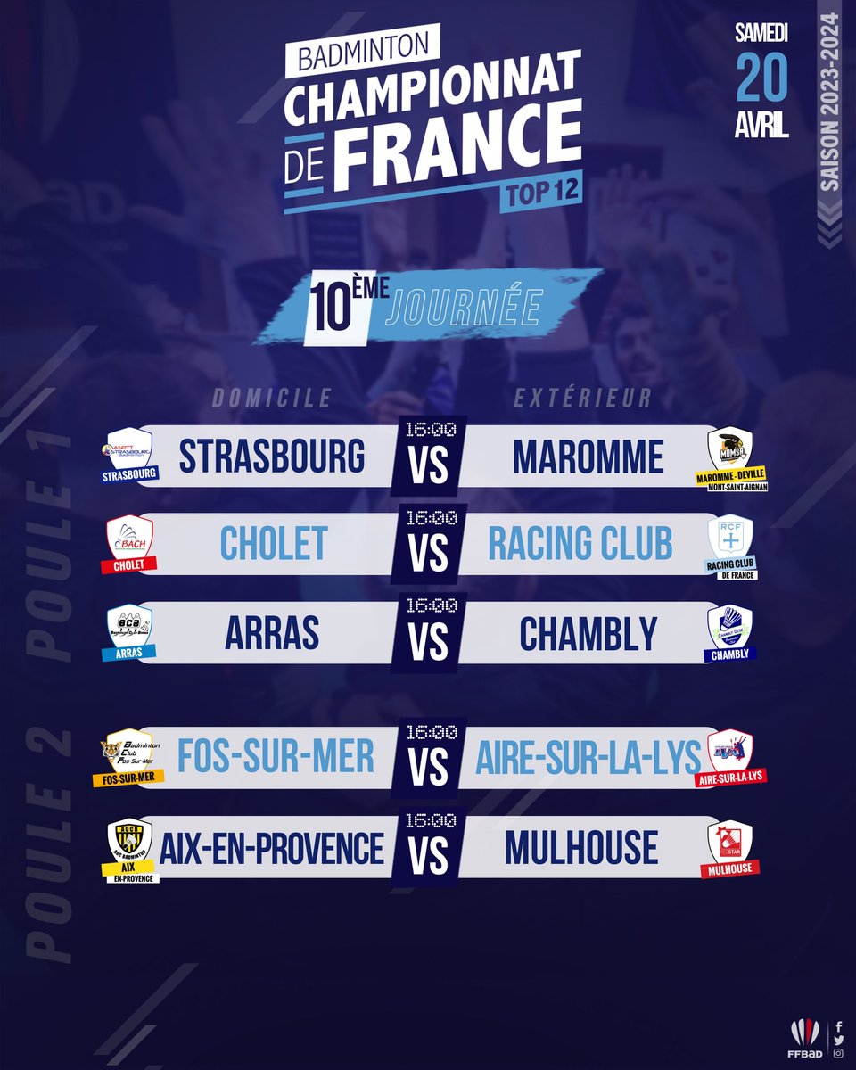 🏸 #Top12 | 10ème journée Découvrez les affiches de cette dixième journée de Top12 ! 🔗 bit.ly/Top12-2324-J10… Plus d'infos : 🗓️ Poule 1 : icbad.ffbad.org/competition/23… 🗓️ Poule 2 : icbad.ffbad.org/competition/23…