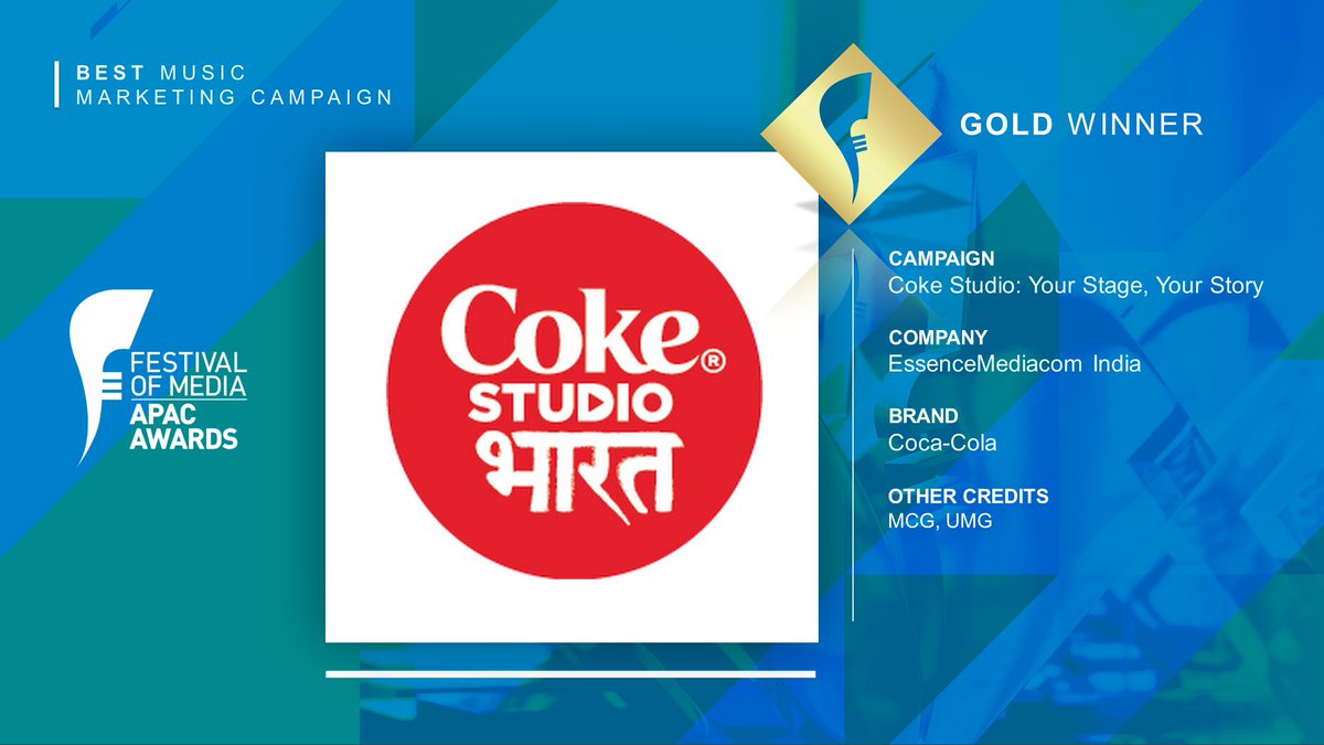 The gold trophy winner in the Best Music Marketing Campaign category is @emglobal India for Coke Studio: Your Stage, Your Story #FestivalofMedia