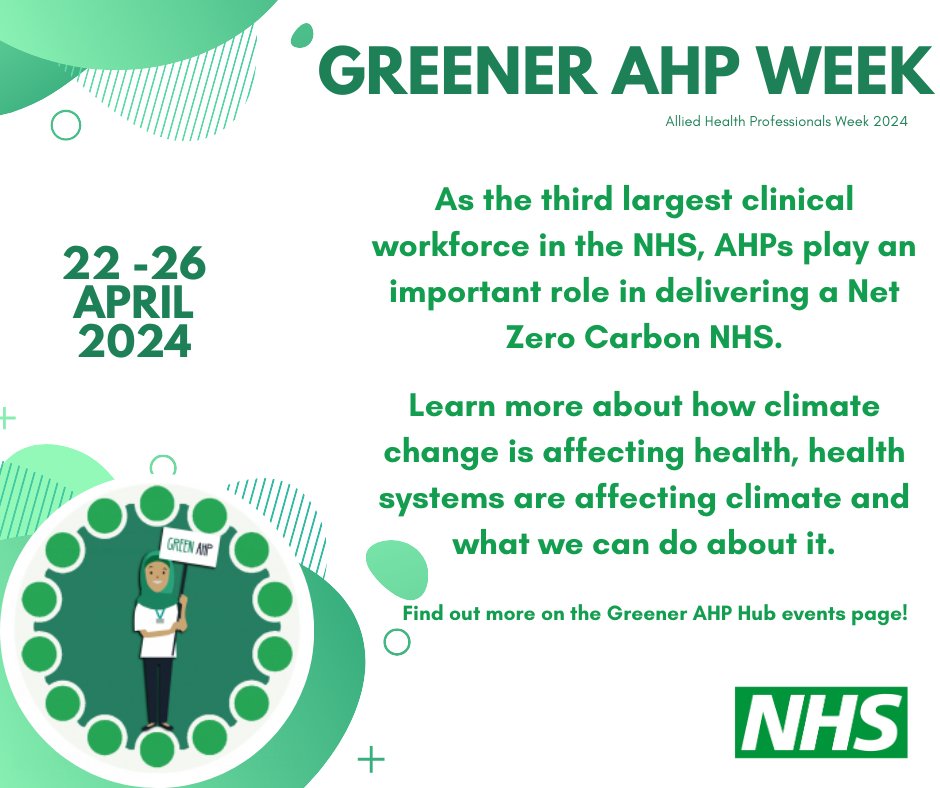 It’s Greener AHP week next week 22-26 April! ✨ As the third largest clinical workforce in the NHS, AHPs play an important role in delivering a Net Zero Carbon NHS! 🌍 Find out more at the wide range of webinars next week! bit.ly/3w1xSp9