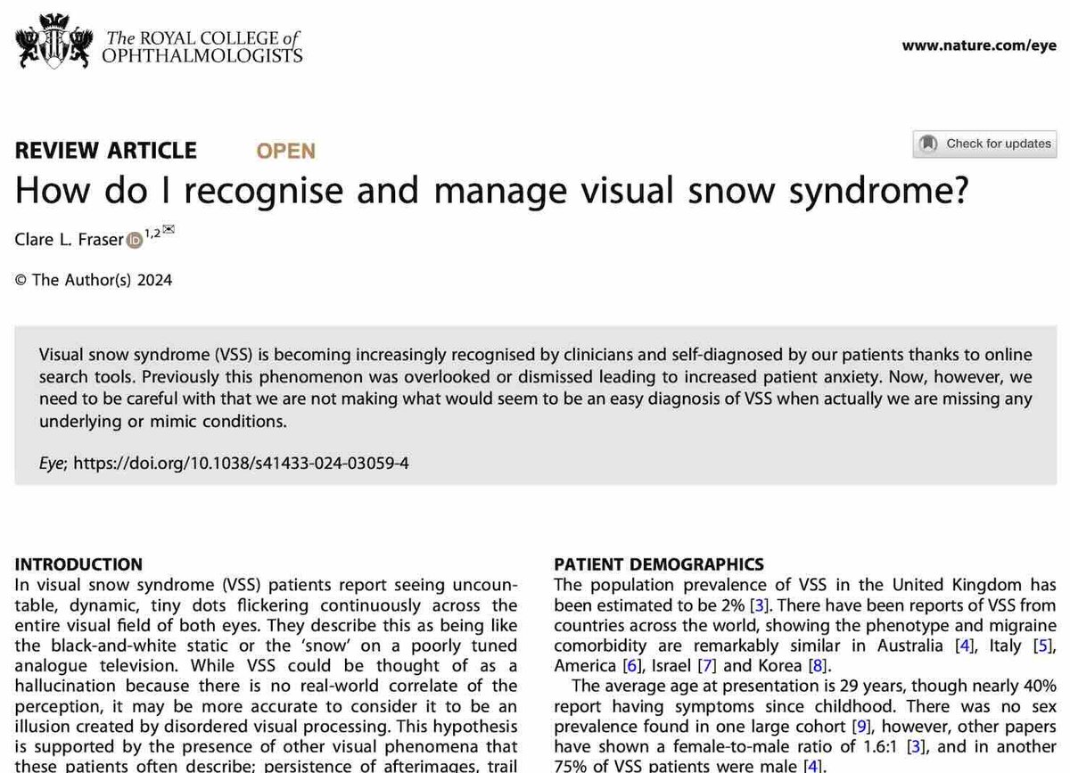 Visual snow syndrome is uncommon but increasingly recognised thanks to online search tools. This review looks at diagnosis and management and warns of possible underlying or mimic conditions. Read #OpenAccess: nature.com/articles/s4143… #Ophthalmology #FOAMed