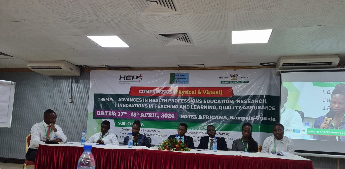 Impressive panel of HPE students talking about their research experience at the Health Professions Education Partnership Innitiative conference in Kampala Uganda.