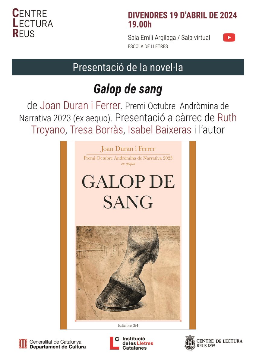 📖 Demà divendres, a les 19.00, presentem la novel·la «Galop de sang», de Joan Duran i Ferrer, premi Octubre Andròmina de Narrativa 2023 (ex aequo). #Reus #joproposo @AgendaCultura @ReusCultura @Surtdecasa @laguiadereus @reusdigitalcat