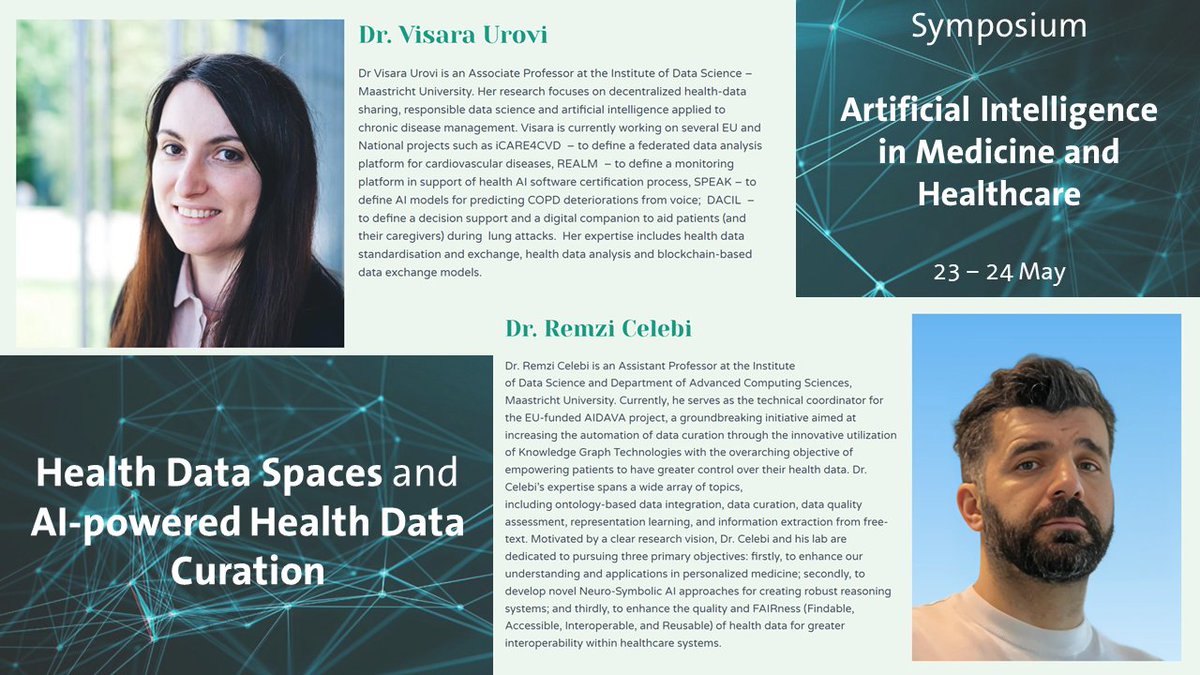 On Thursday 23rd May, @UM_DACS researchers Visara Urovi and Remzi Celebi will speak about 'Health Data Spaces and AI-powered Health Data Curation' at the AI in Medicine and Healthcare Symposium. aimedicinesymposium.com #umdatascience #datascience #AI #healthcare #medicine