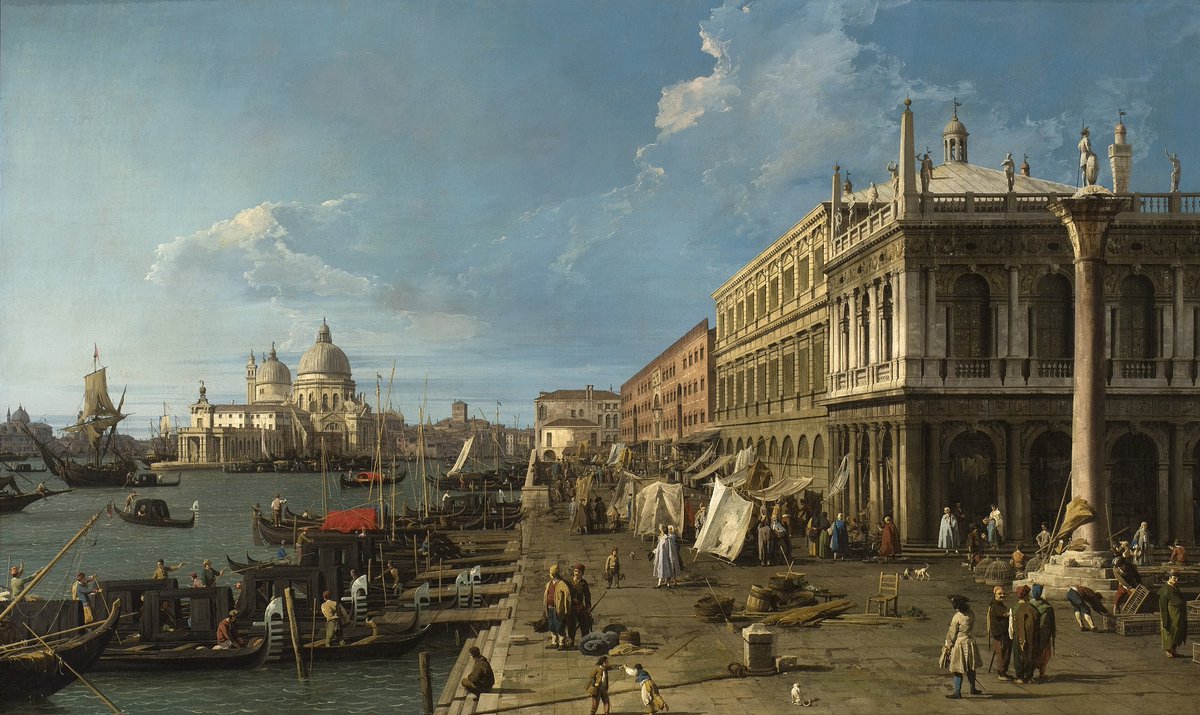 Oggi nel 1768 moriva il pittore e incisore veneziano Giovanni Antonio Canal, detto il #Canaletto. (IL MOLO VERSO LA ZECCA CON LA COLONNA DI SAN TEODORO, anno 1742, olio su tela, Pinacoteca del Castello Sforzesco, #Milano). #19aprile.