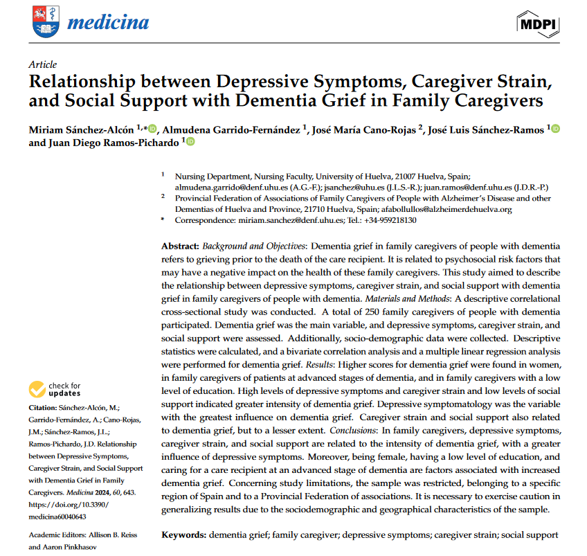 #mdpiMedicina - Paper Published in Special Issue 💡Relationship between #Depressive Symptoms, Caregiver Strain, and Social Support with #Dementia Grief in Family Caregivers ✍️By Miriam Sánchez-Alcón et al. 📷mdpi.com/1648-9144/60/4… SI: mdpi.com/journal/medici…