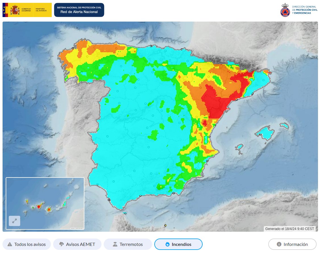 🗓️18/4/2024 Situación avisos @AEMET_Esp 🌊🟧Ampurdán-Girona 🌊🟨A Coruña, Girona, Tarragona, Menorca 🌬️🟨Ampurdán 🔥🔴Riesgo de #IIFF muy alto/extremo en amplias áreas de la Península y de Canarias ⚠️No enciendas fuego en el monte⚠️ ✅Si👀un fuego en su inicio👉1⃣1⃣2⃣☎️