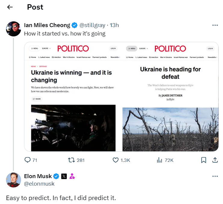 This is seriously a new level of being a douchebag. 

- You directly undermine Ukraine's defense effort by turning Starlinks off for the Ukrainian military right in the middle of important operations and letting the Russian military use it despite U.S. sanctions 
- You spread the…