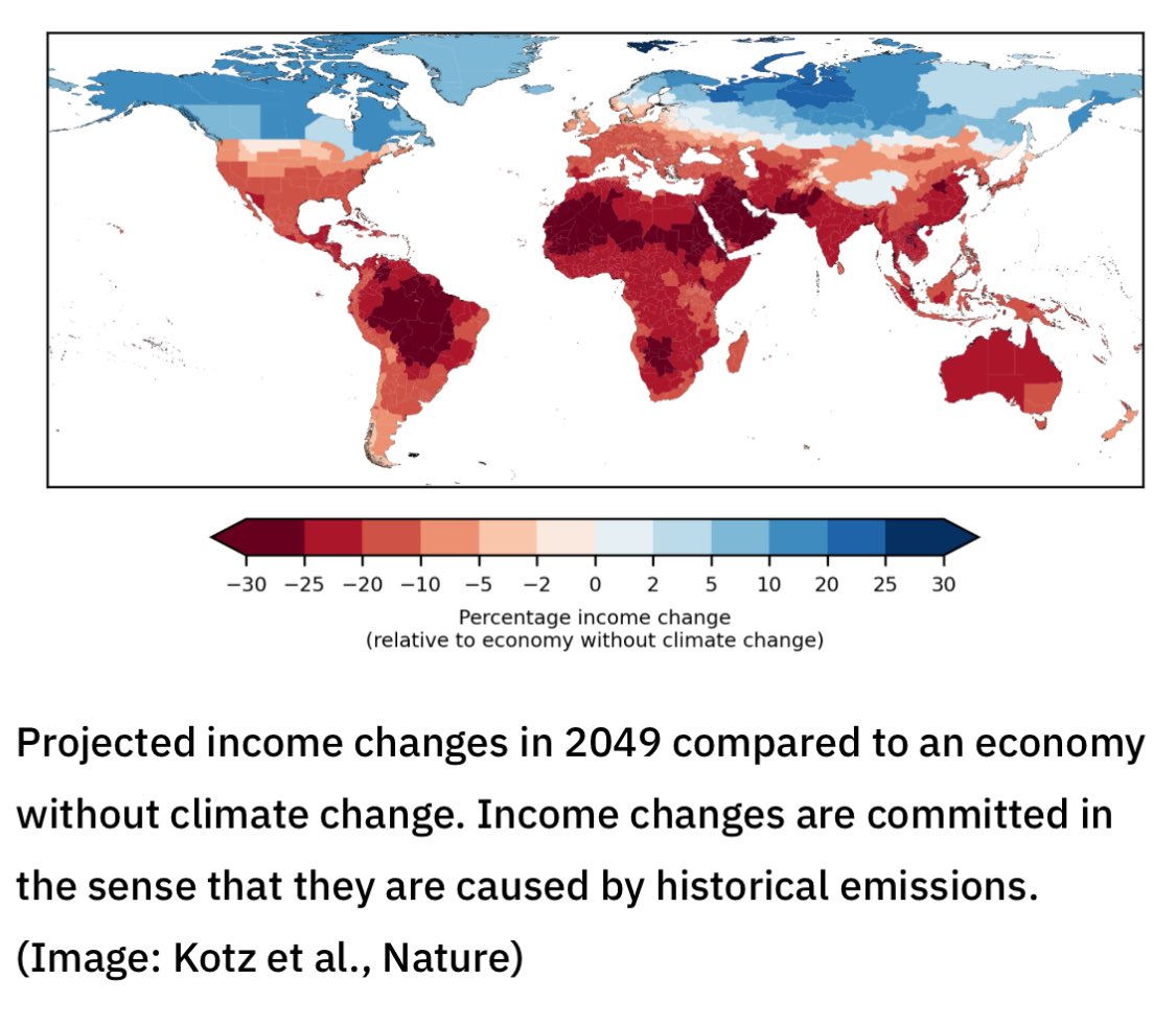 This @PIK_Climate study yesterday is pretty terrifying. Are such costs of climate change built into the UK’s fiscal forecasts? What would happen if they were? Study says emissions to date could cut global GDP by 19% in 2050. Looks like up to 10% for UK 1/6