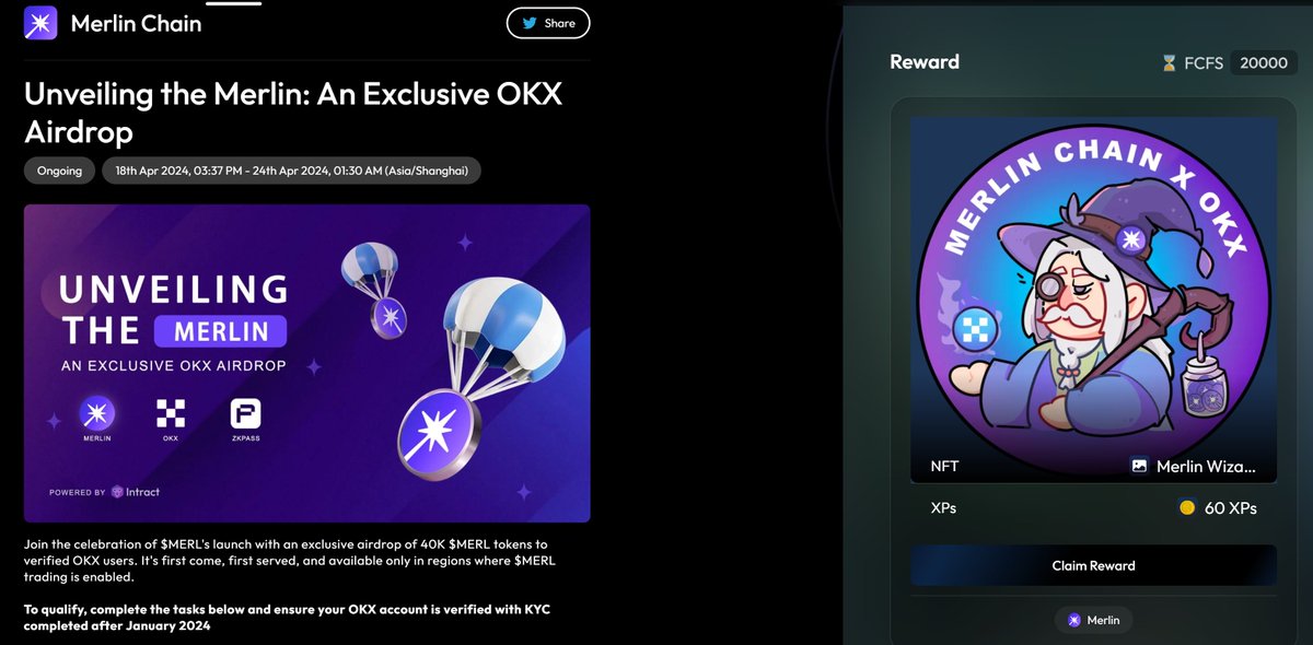 $MERL airdrop for @OKX users now live!

40,000 of $MERL will be airdropped to 20,000 eligible OKX users on a First Come, First Serve basis. 

🔗intract.io/quest/661fa6a4…

Complete all tasks, including having a <a href="/zkPass/">zkPass</a> attestation of a KYC-ed OKX account registered after Jan 1st,