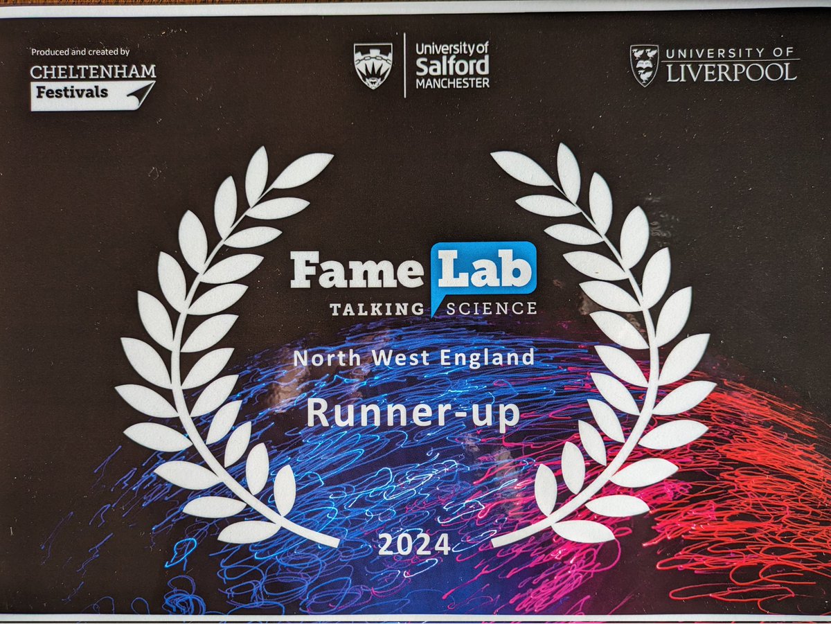 Delighted to have been awarded runner up at the #FamelabNorthWest regional finals last night for my presentation 'One Life, One Planet, One Health'. Thanks to @LivUniEngageHLS and @CheltSciFest for a brilliant evening and fab opportunity!