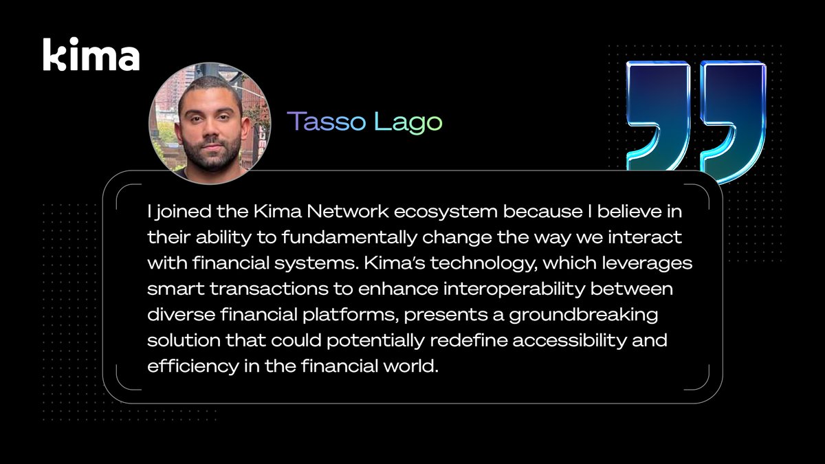 📢What KOLs Say about Kima📢

Thanks to @LagoTasso, Kima's Ambassador and the CEO of the biggest edtech #crypto community in Brazi, for his incredible support of Kima Network.🙏  

👇Check out his quote about Kima here.