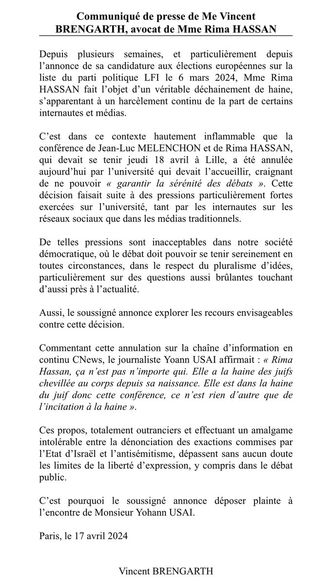 Bonjour <a href="/YOANNUSAI/">YOANN USAI</a> suite à vos déclarations que vous avez tenues sur <a href="/CNEWS/">CNEWS</a> « Rima Hassan à la haine des juifs chevillée au corps depuis sa naissance » je vous annonce déposer plainte contre vous. À très bientôt ⚖️ je vous souhaite d’être prêt.