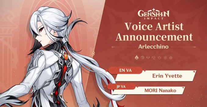 رسمياً:

تم الاعلان عن صوت آرلكينو

مؤديين الاصوات

الانجليزي: ايرين إيفيت

الياباني: موري ناناكو

للاستماع للاصوات على موقع قنشن الرسمي
hoyo.link/3pTiFBAL

#قنشن #قنشن_امباكت