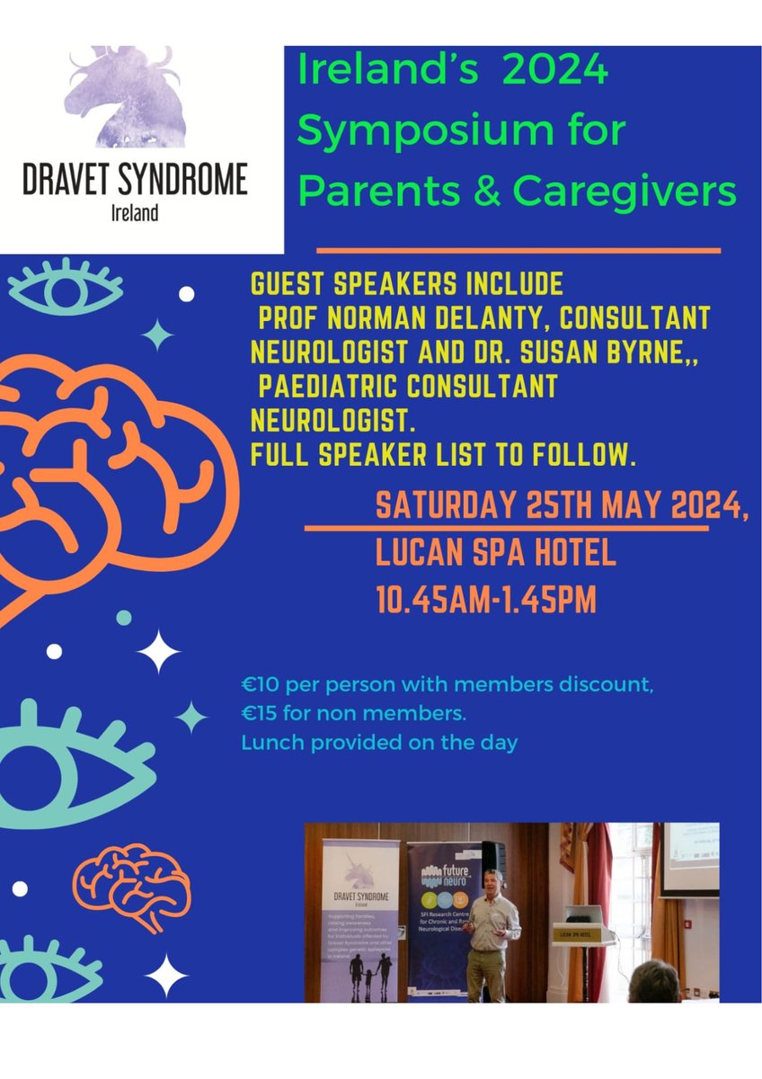 🙌Delighted that our clinical researchers, Prof Norman Delanty and Dr Susan Byrne, will speak at @Dravet_Ireland's 2024 Symposium for those affected by Dravet Syndrome & other complex genetic epilepsies on May 25. Book your spot now at eventbrite.com/e/dravet-syndr…