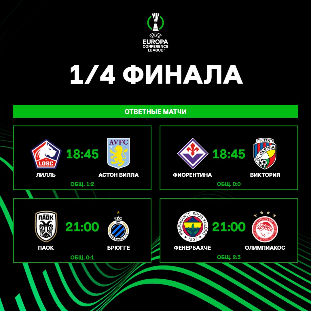 Ответные матчи 1/4 финала #ЛигаКонференций ⚽🏆 Кто пройдет дальше? 🤔 Время: CET ⏰