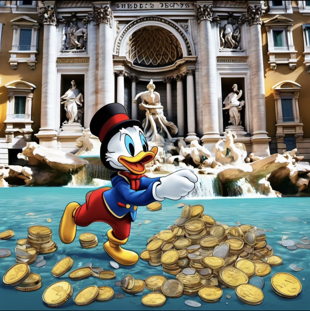 SimplaAI's tweet photo. Let’s talk about the world's fanciest coin jar - the Trevi fountain. 

Did you know that each year, €1.5 million worth of coins are collected from the Trevi Fountain &amp; donated to charities?

That’s enough spare change to make Scrooge McDuck jealous. 🤑 

#trevifountain #FunFact https://t.co/IqJKBK4kpN