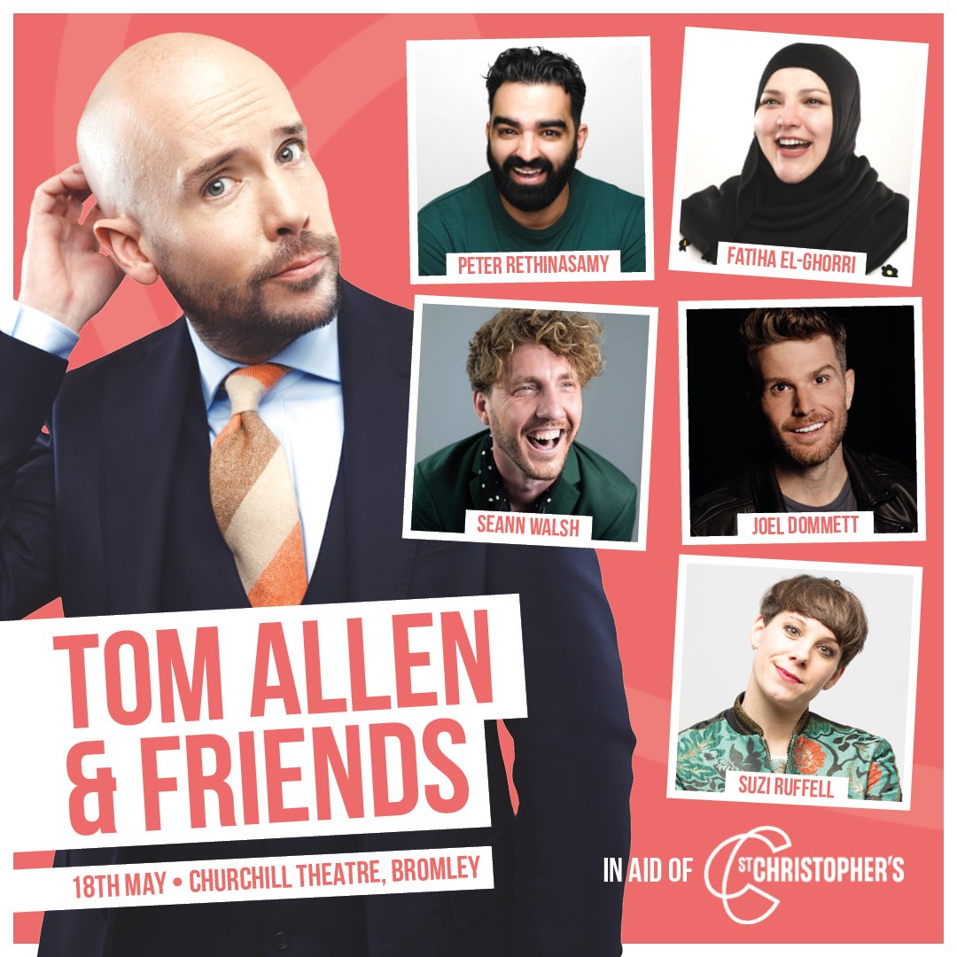 Join us for a night of laughter & support as @tomallencomedy & friends take the stage at the Churchill Theatre Bromley, in aid of St. Christopher's 🎭 Tickets on sale now and selling fast – don't miss out on an unforgettable evening for a great cause! 👏 bit.ly/3JjjvzG