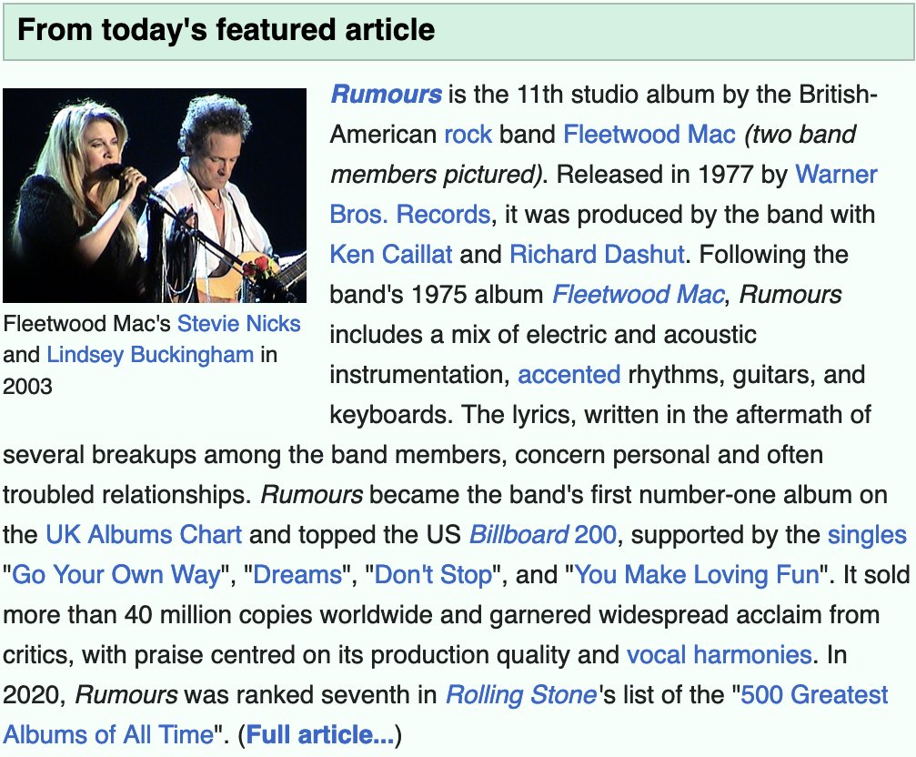 I love that Wikipedia had greatest album of all time Rumours as their featured article yesterday