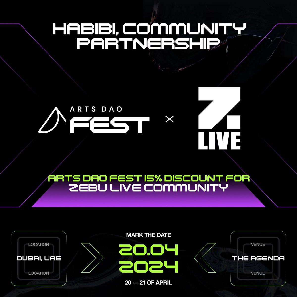 Zebu_live's tweet image. Come to Dubai Habibi🤩

We&apos;re thrilled to partner with @artsdaofest, One of the largest Web3 cultural events in the MENA region!

On April 20-21, immerse yourself in a vibrant celebration of blockchain, crypto, digital art, innovation, Web3, AI and gaming. (Hopefully no rain👀)…