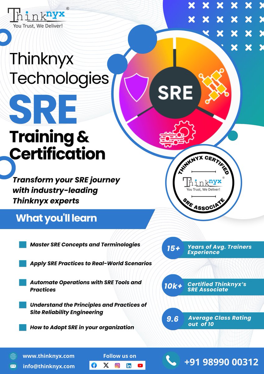 Transform your Site reliability Engineering (SRE) expertise with cutting-edge corporate trainings offered by @thinknyx!

#CorporateTraining #SkillBuilding #WorkplaceLearning #TrainingPrograms #LeadershipTraining #TrainingAndDevelopment #learninganddevelopment