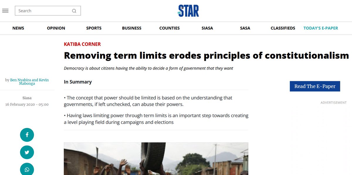 TERM LIMITS: 'The concept that power should be limited is based on the understanding that the governments, if left unchecked, can abuse their power.” the-star.co.ke/siasa/2020-02-… @NyabiraBen @Kevinmabonga1 #KnowYourLimits