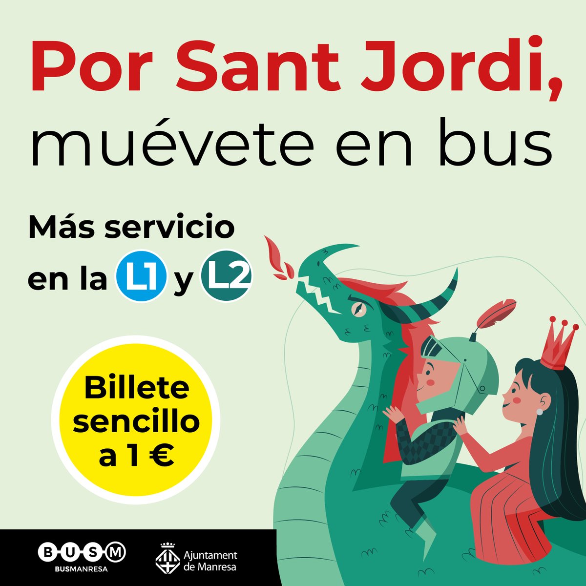 📣El 23/04/2024 con motivo de la Diada de #SantJordi2024 🌹, las líneas L1 y L2 de #BusManresa aumentarán su frecuencia de paso. Muévete en bus por Manresa 🚌 Consulta + información ➡️ tinyurl.com/4jxe3me3