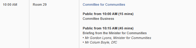 Today in @niassembly @NIA_Communities Committee for Communities to receive a briefing from @CommunitiesNI Minister @gordonlyons1 From 10am ... Watch via niassembly.tv/live-stream-1/