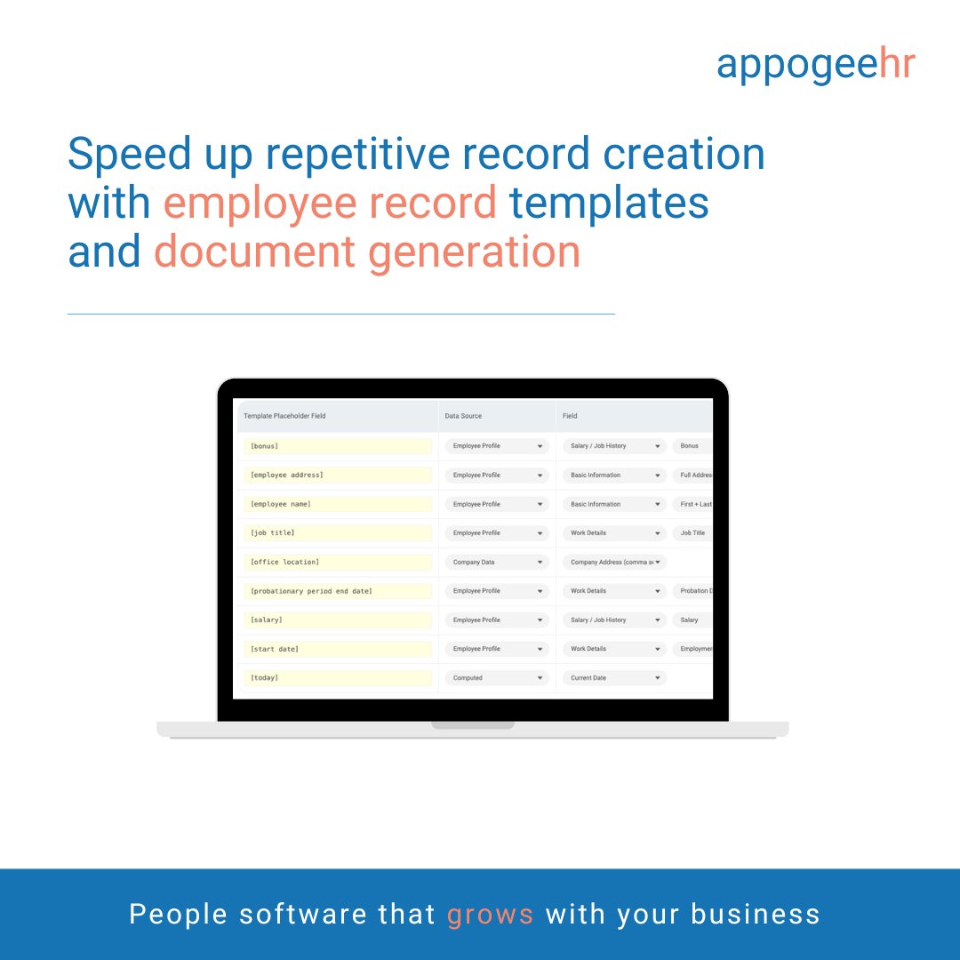 Simplify employee document generation with Appogee HR! Easily upload template files for a range of employee documents, utilise stored data to auto-fill fields, and save time. hubs.la/Q02qX7XG0 #HRSoftware #Efficiency #HRMS #DocumentGeneration #EmployeeRecords #SMB #HR
