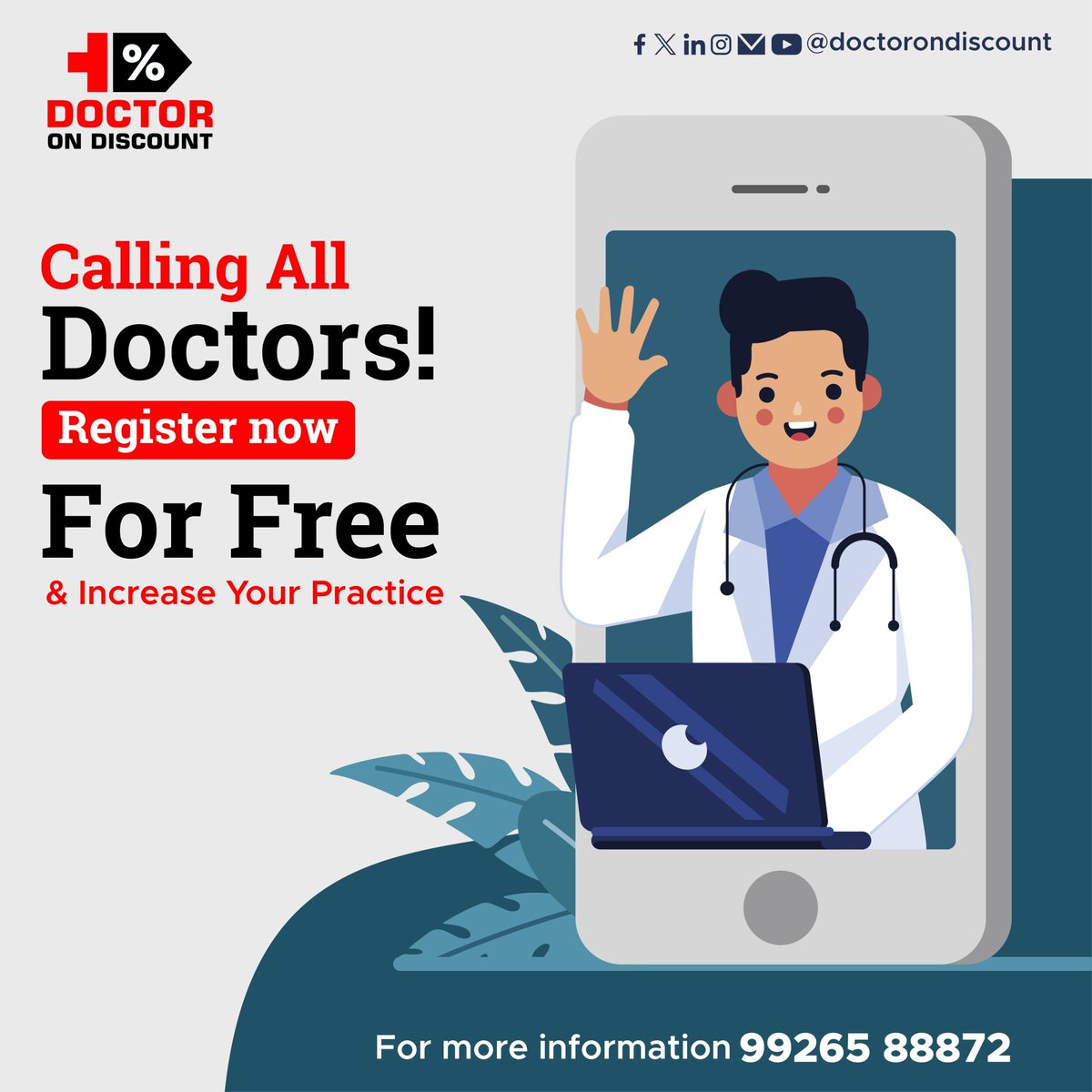 Calling all Doctors!!
For more information call us at +91 9926588872

#indore #indorecity #doctorinindore #indoredoctor #discount #free #offer #doctorondiscount #doctorgrowth #doctorconsulting #happycustomers #patientsfirst #wordlhealthday #healthday #health