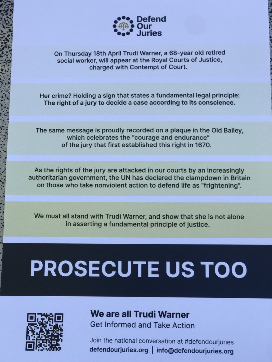 Juries are under attack in England and Wales! Trudi Warner risks prison for holding up a sign setting out what has been the law since 1670 #WeareallTrudiWarner ⁦@DefendourJuries⁩ ⁦@LawyersAreResp⁩