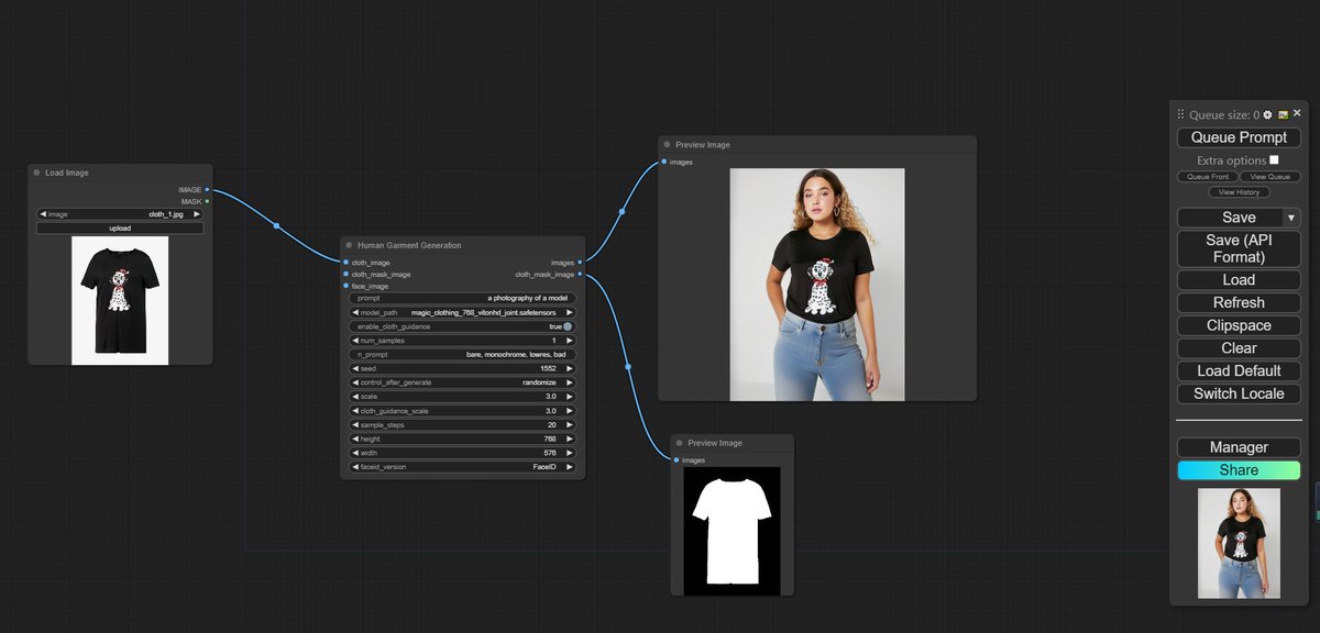 just finished the main part of Magic Clothing in ComfyUI github.com/frankchieng/Co… ,which include prompt cloth image,IPAdapater FaceID and controlnet openpose,it's a good practise and learn pytorch and ViT transformers architecture thr diffusers