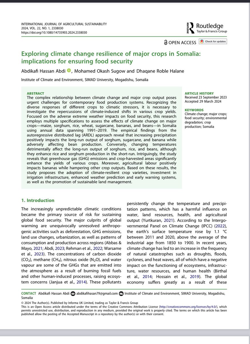 Alhamdulillah our paper, "Exploring Climate Change Resilience of Major Crops in Somalia: Implications for Ensuring Food Security," is published in the esteemed International Journal of Agricultural Sustainability ranking Q1.
<a href="/MohamedOkash_/">Mohamed Okash</a> <a href="/akafihabdi/">Abdikafi H. Abdi</a> 

tandfonline.com/doi/epdf/10.10…