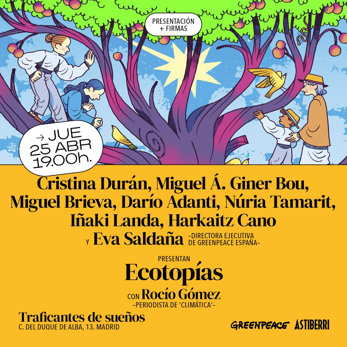 🔹 Madrid 🔹 El próximo jueves os invitamos a la presentación de 'Ecotopías' en @traficantes2010. Una velada alrededor del futuro y la esperanza que contará, junto a sus autores, con la presencia de @ESBuenache, Directora Ejecutiva de @greenpeace_esp, y la periodista @rocio_gfb.