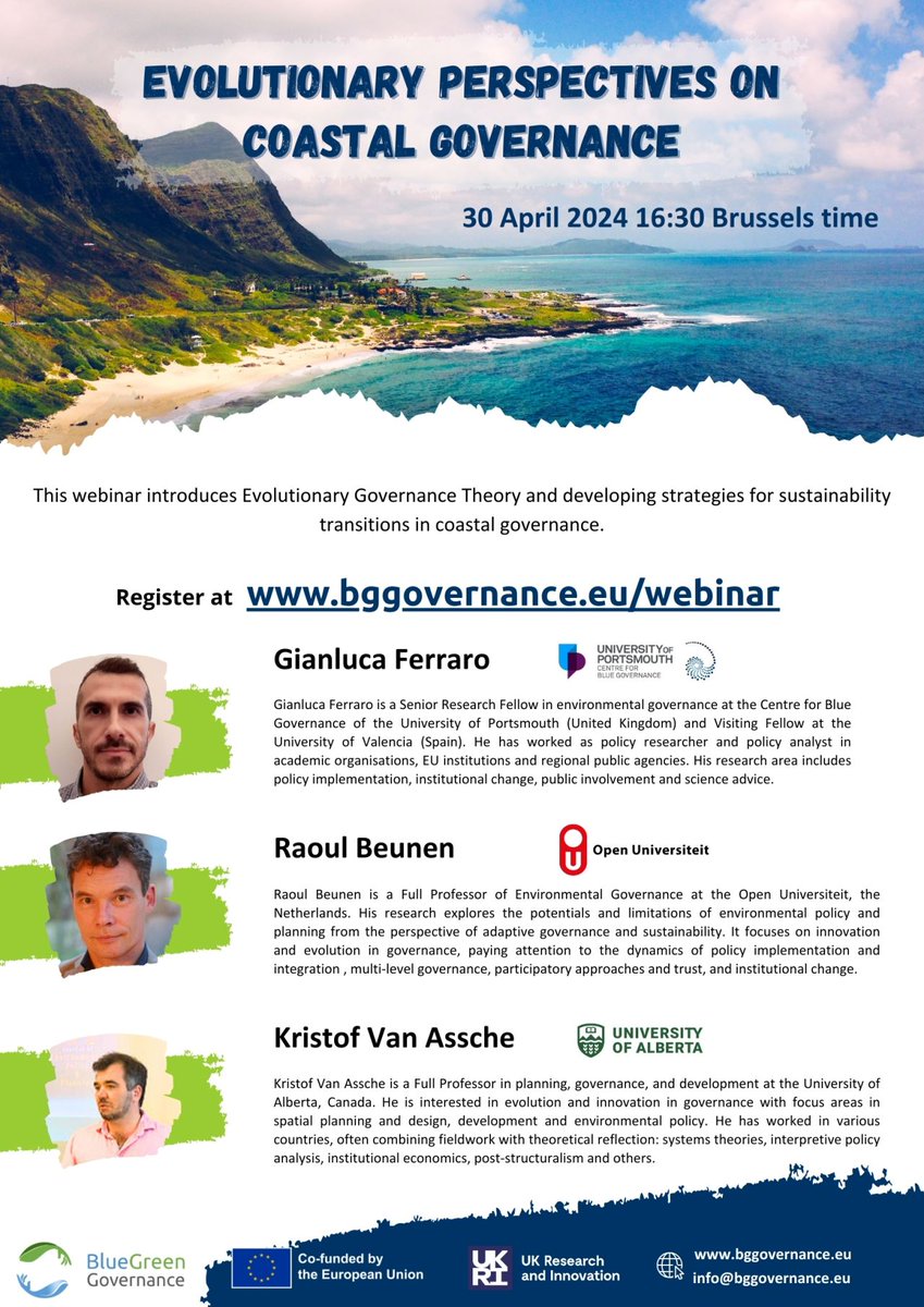 📢Save the date!! We are holding a #webinar - Evolutionary Governance Theory (EGT) as a tool for developing strategies for #sustainability transitions in #coastalgovernance.

🗓️ ⏰April 30, 3:30 - 5pm (UK).

Details and registration ⬇️ ⬇️
eventbrite.co.uk/e/blue-green-g…

@portsmouthuni