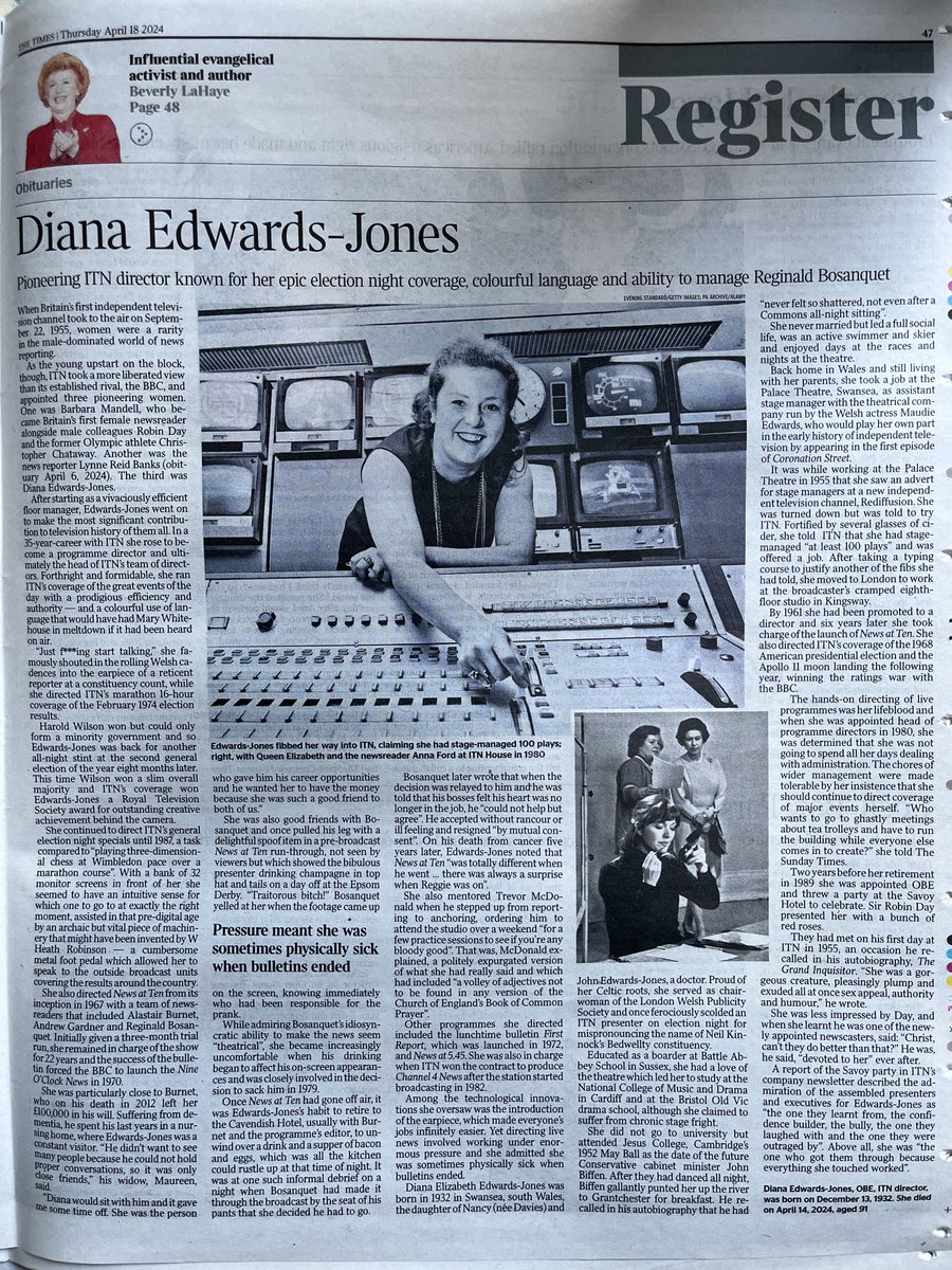 Excellent obituary of ITN's pioneering studio director Diana Edwards-Jones in today's Times: