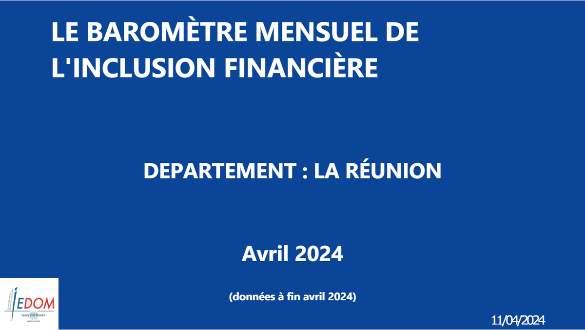 🔎 Le dernier baromètre de l'inclusion financière pour la Réunion est en ligne! ➡️ Dépôts de dossiers de surendettement: +21% à fin mars 2024 par rapport à fin mars 2023 ➡️ Inscriptions au fichier central des chèques: +6% Pour en savoir plus 👉iedom.fr/IMG/pdf/baro_d…