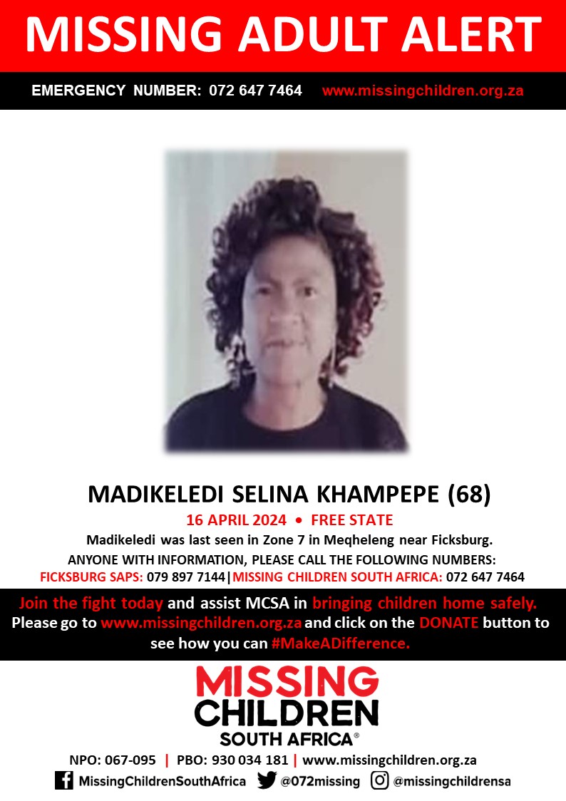 #MCSAMissing Madikeledi Selina Khampepe (68) was last seen 16 April 2024. If you personally, or your company | or your place of work, would like to make a donation to #MCSA, please click here to donate: missingchildren.org.za/page/donate