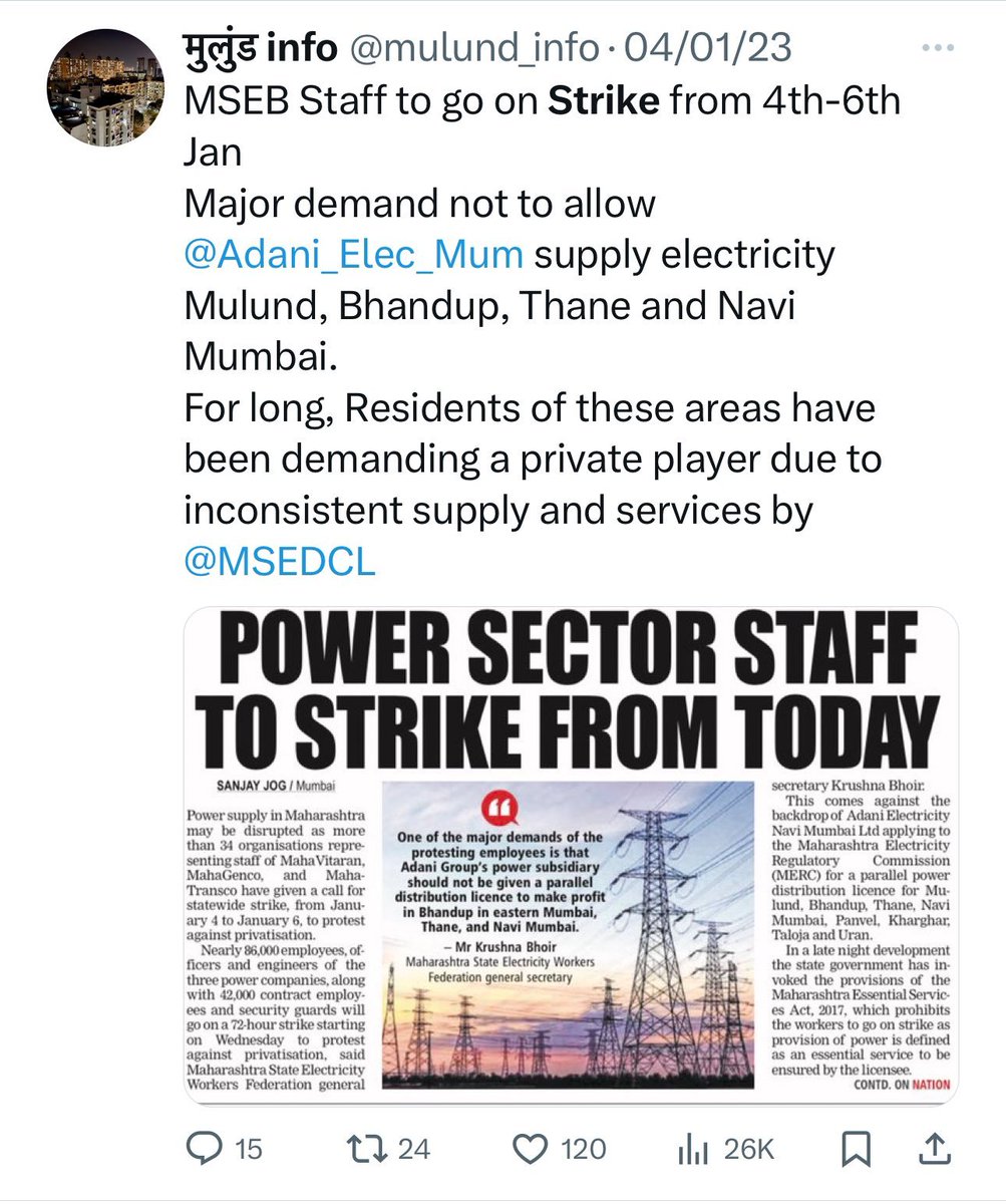 Mulund makes it to NEWS for Frequent Power Cuts.Inefficient service by MSEDCL inspite of highest Tariffs have Mulundkars demanding an alternate Service Provider. It Was proposed last year but met opposition from MSEDCL which ended up Striking & Stalling their entry 🗞️: @sabahvir