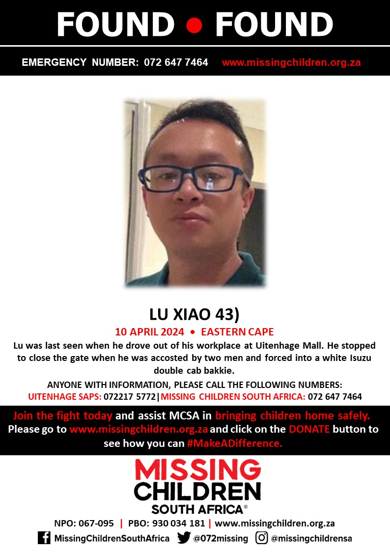 #MCSAFound Wonderful news! Lu Xiao has been found safe. If you personally, or your company | or your place of work, would like to make a donation to #MCSA, please click here to donate: missingchildren.org.za/page/donate