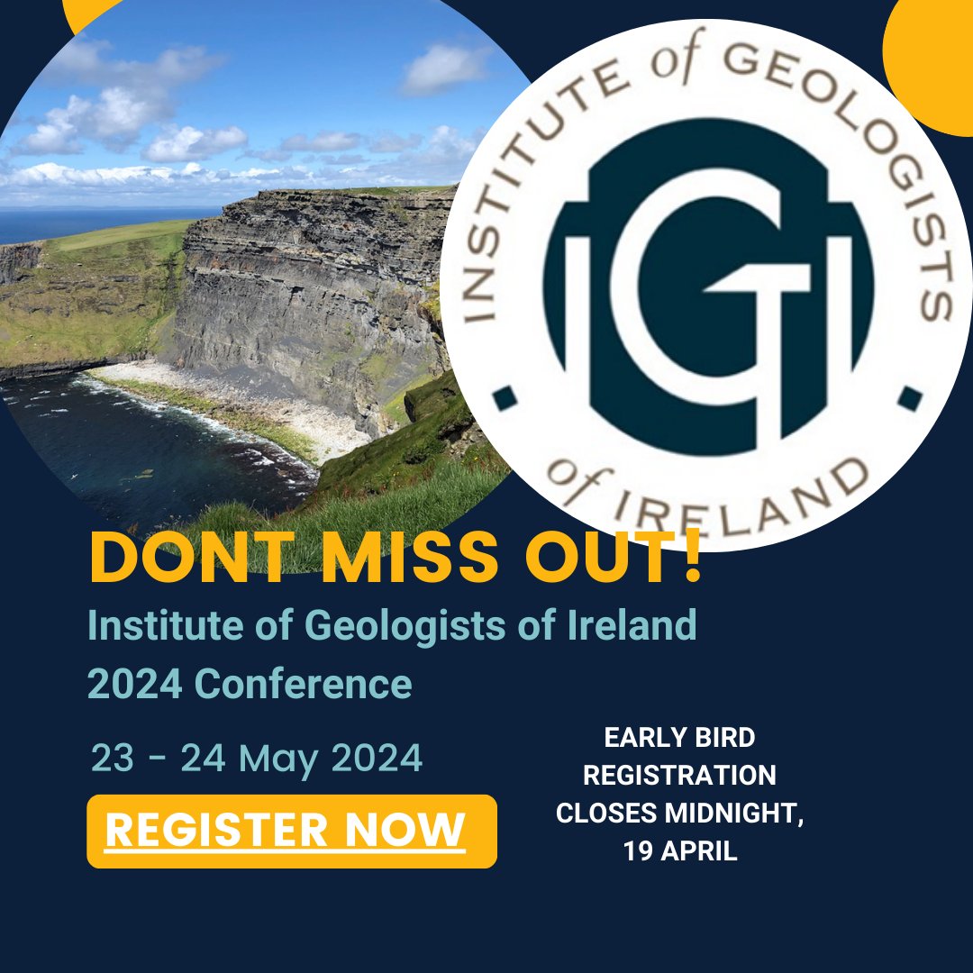 Registration for @IGI_PGeo 2024 Conference is OPEN. Early Bird rates end at midnight tomorrow, 19 April. The Conference programme is now available on the IGI website where you will find our registration page. igi.ie/conference-202… #climateaction #sustainability #geoscience