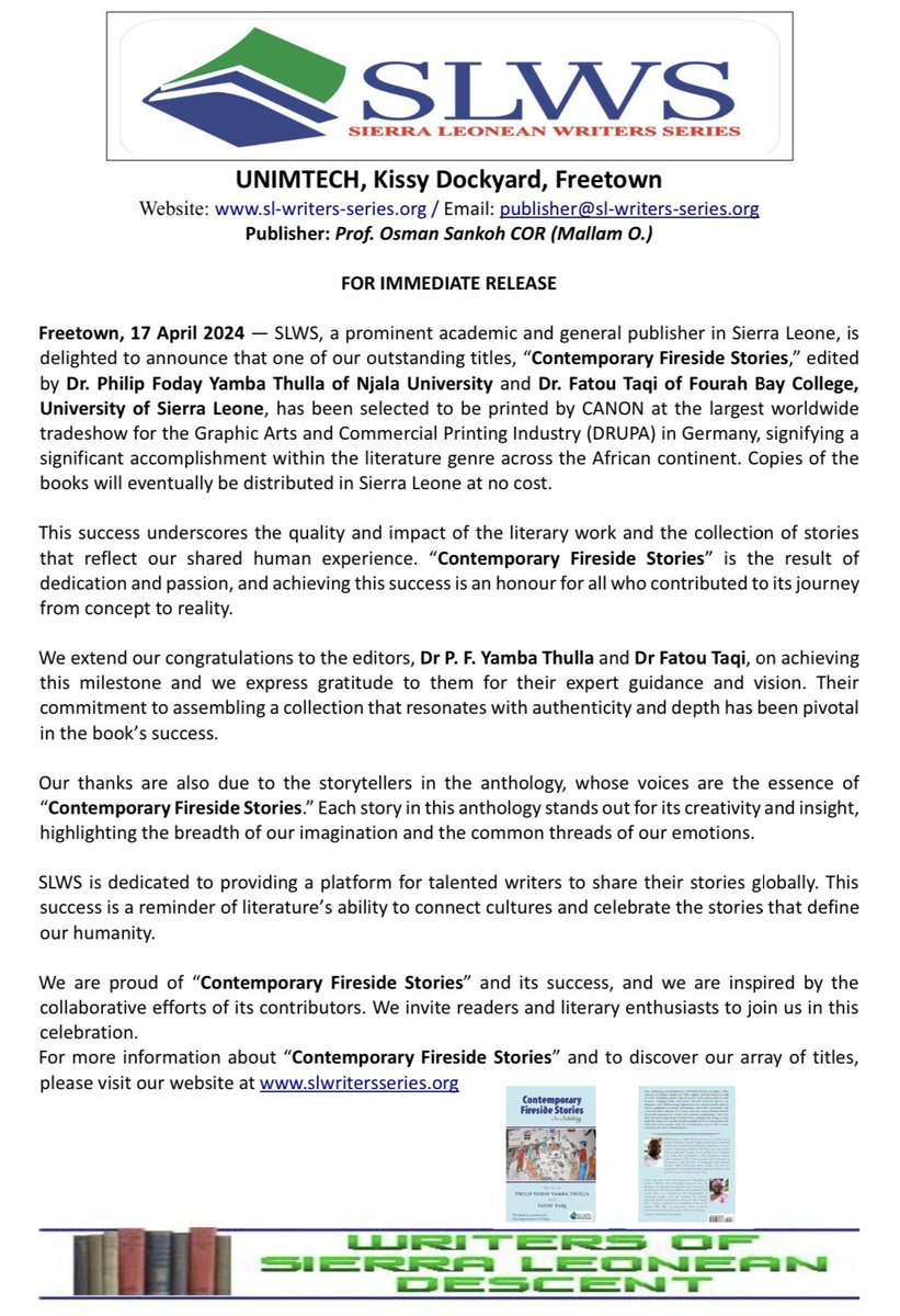 SLWS (@slwssocialmedia) on Twitter photo SLWS book selected in a continental competition. Congratulations to storytellers & editors Dr Philip F. Yamba Thulla of Njala University <a href="/UniversityNjala/">Njala University</a> & Dr Fatou Taqi of Fourah Bay College <a href="/FourahBay/">Fourah Bay College</a> of the Univ of Sierra Leone <a href="/UniversityLeone/">University Of Sierra Leone Media</a> . Publisher Mallam O. <a href="/oasankoh/">Osman Sankoh (Mallam O.) COR</a> SLWS book selected in a continental competition. Congratulations to storytellers & editors Dr Philip F. Yamba Thulla of Njala University <a href="/UniversityNjala/">Njala University</a> & Dr Fatou Taqi of Fourah Bay College <a href="/FourahBay/">Fourah Bay College</a> of the Univ of Sierra Leone <a href="/UniversityLeone/">University Of Sierra Leone Media</a> . Publisher Mallam O. <a href="/oasankoh/">Osman Sankoh (Mallam O.) COR</a>