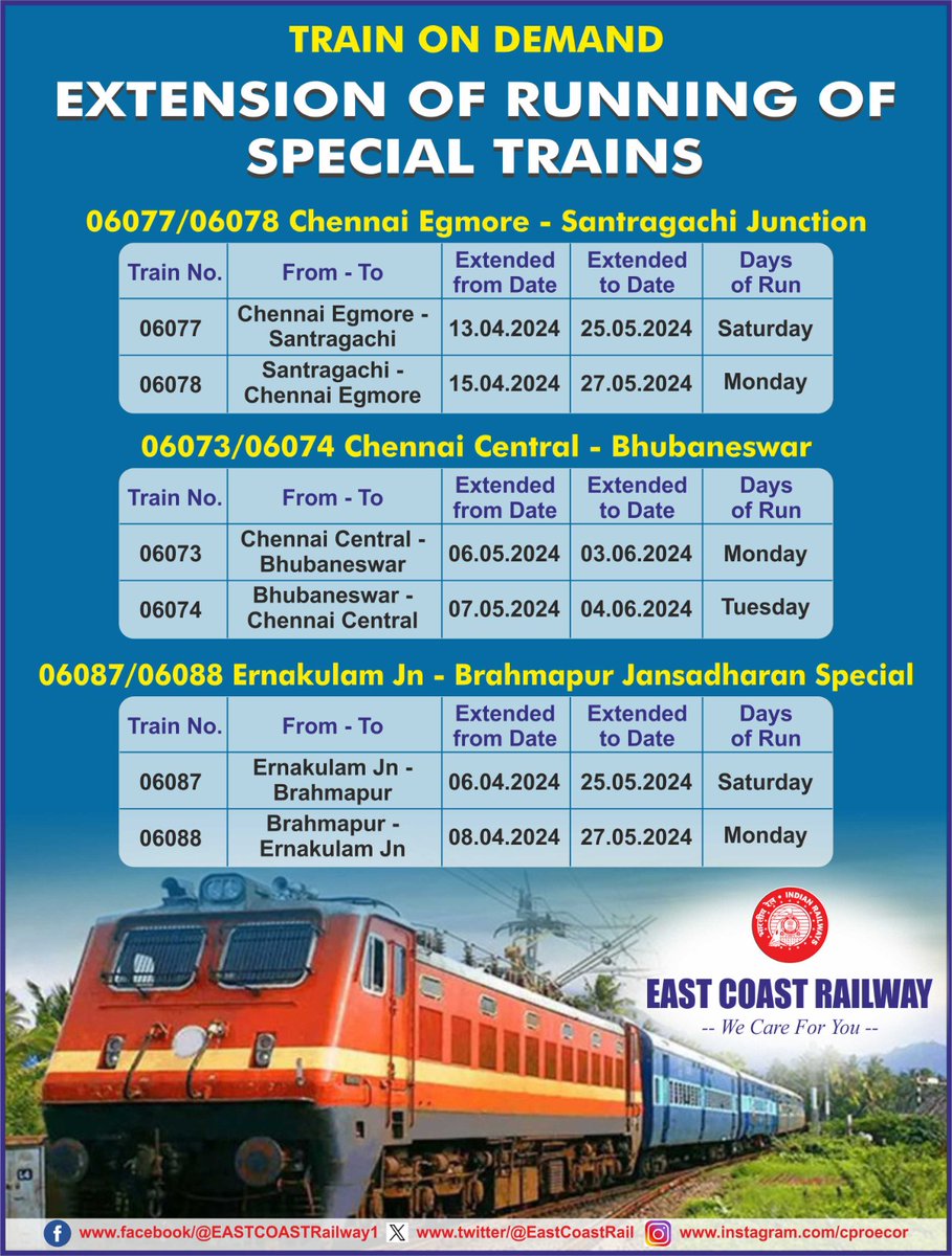 Train Alert ! Services of Special Trains, extended during Summer _ Berths  Available !!! Special Trains between BHUBANESWAR & CHENNAI and Jansadharan  Special Train between BRAHMAPUR & ERNAKULAM. Plan your journey accordingly