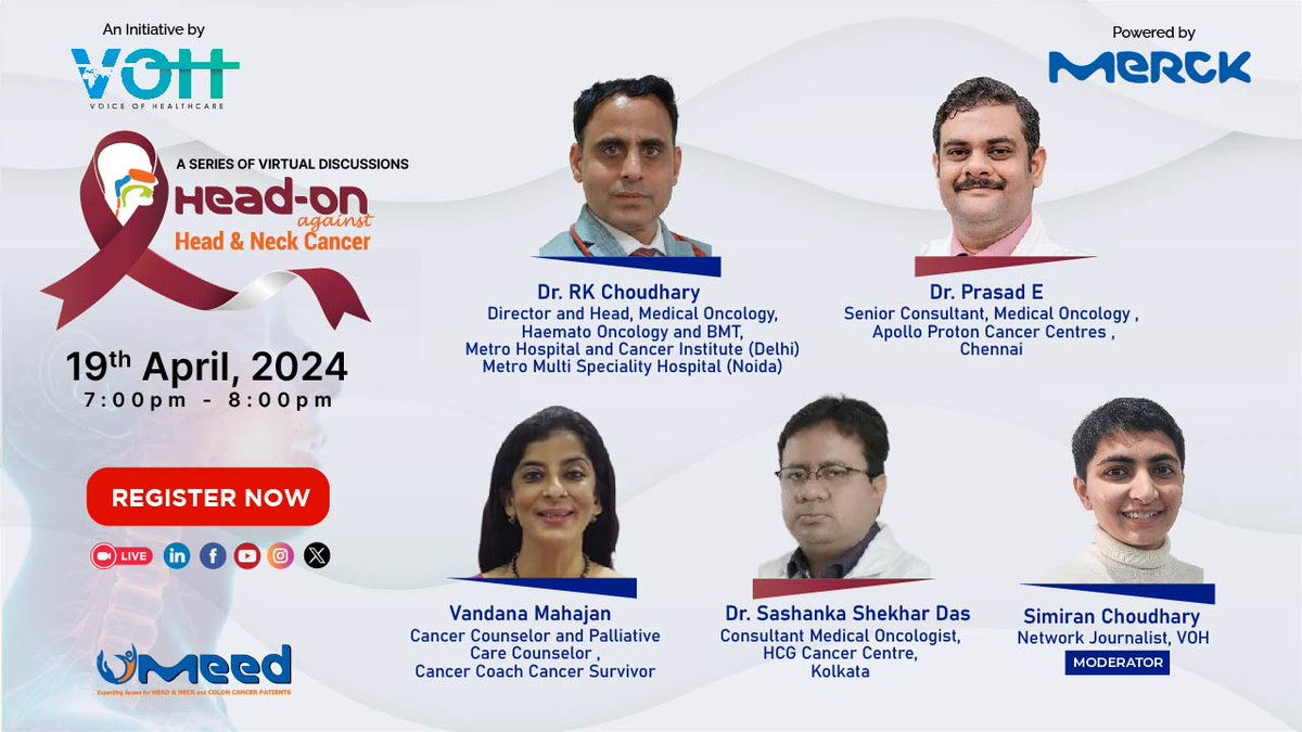 Virtual Discussion 2: Head On Against Head & Neck Cancer Join us for the second virtual session of 'A Series of Virtual Discussions: Head On Against Head & Neck Cancer,' organized by Voice of Healthcare and powered by Merck.