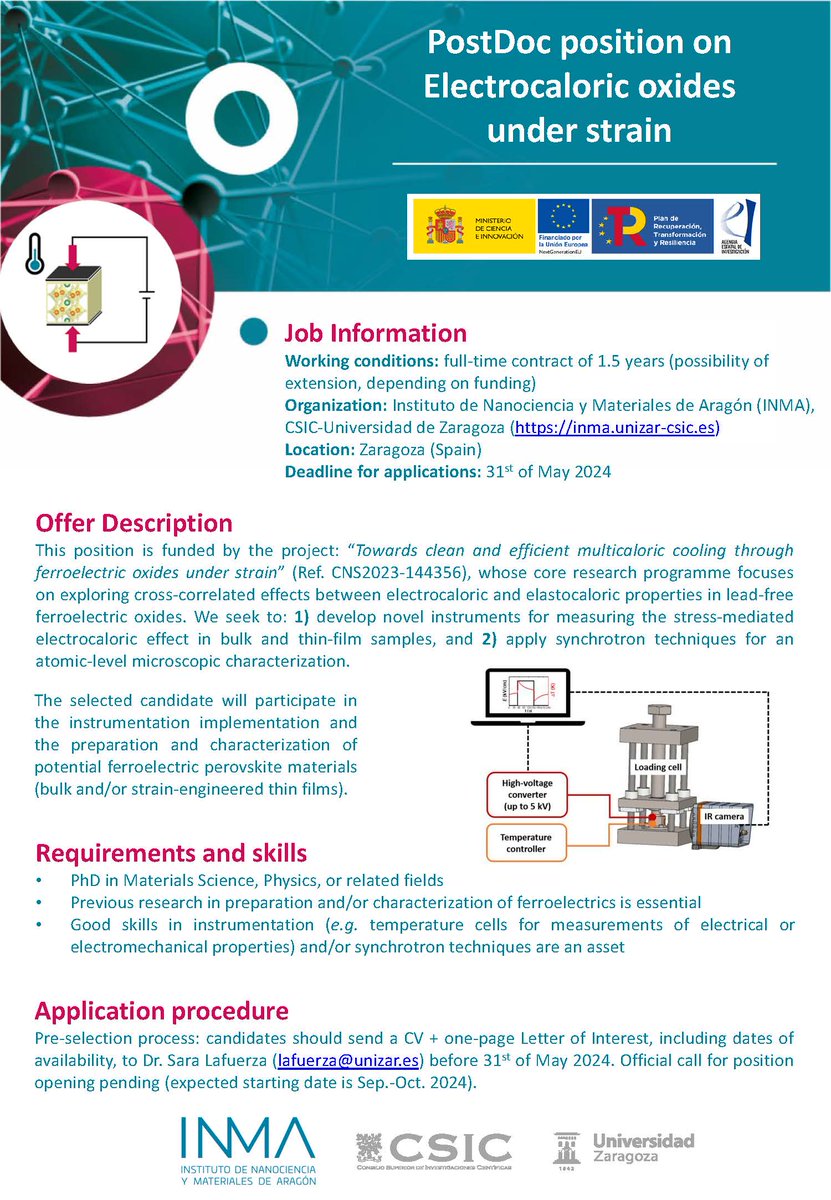 INMAdivulga's tweet photo. 🆕Job Offer: Pre-selection process: PostDoc position on Electrocaloric oxides under strain
Deadline for applications: 31st of May 2024
Contact: lafuerza@unizar.es
ℹ https://t.co/jMM9zjHT2P
@unizar @AragonCsic https://t.co/srdy887UmN