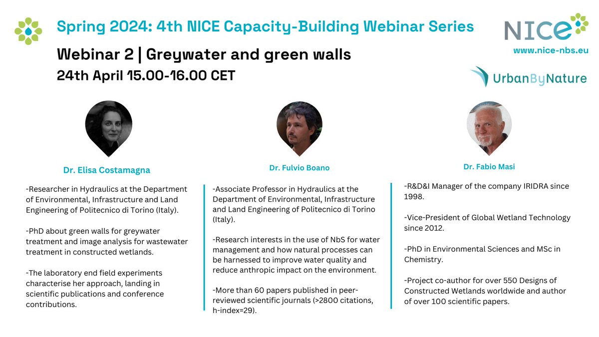 Meet our speakers for the @NICE_NbS Capacity-Building Webinar 2! They will discuss greywater and green walls 🌿🌾🏡🛁🚿🧼 🗓️ 24th April, Wednesday, 15.00 CET docs.google.com/forms/d/e/1FAI…