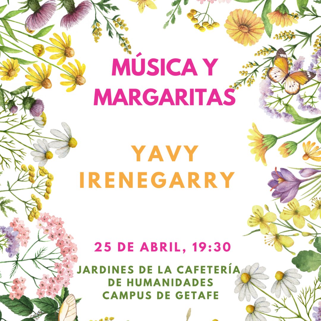 ¡Y el nombre de la cuarta y última banda confirmada para el ciclo de conciertos 'Música y Margaritas' es @irenegarry! Jueves 25 de abril a las 19:30h en los Jardines de la Cafetería de Humanidades (Campus de Getafe). ¡Os esperamos! @uc3m +Info: uc3m.es/cultura/musica…