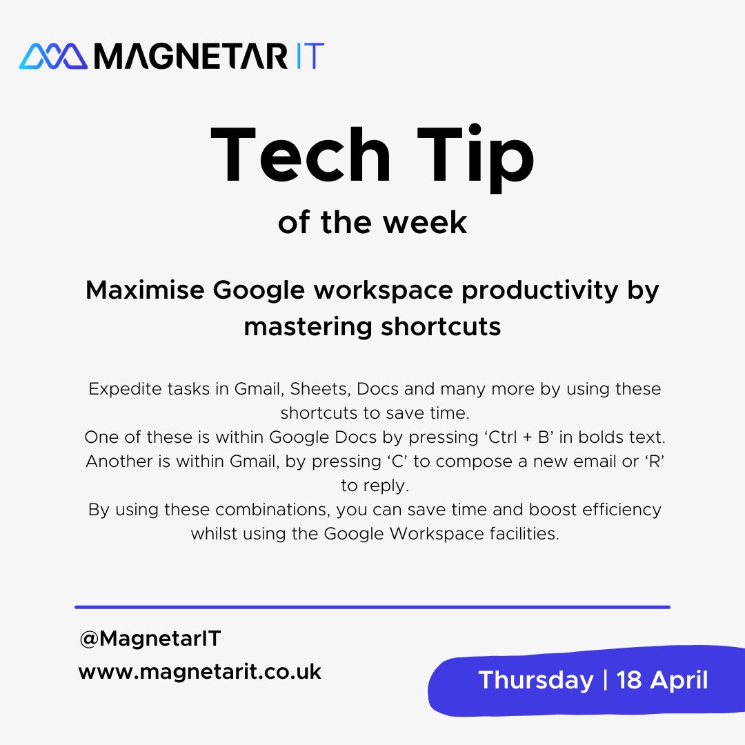 🌟 MAGNETAR'S TECH TIP OF THE WEEK 🌟 This week our tip is about Google workspace shortcuts ⚡️ Click the link to subscribe to our weekly Tech Tip emails: eepurl.com/gP7F-1 #magnetarit #techtip #techtips #itsupport #itconsultancy