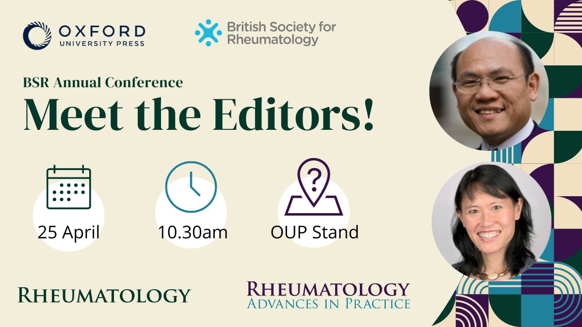 Meet our Editors-in-Chief Ernest Choy and @DrAiLynTan on day two of #BSR24 Attend the @OxfordJournals stand on Thursday 25th April at 10:30 to chat to the team and learn more about the benefits of publishing in Rheumatology and Rheumatology Advances in Practice! 🌟