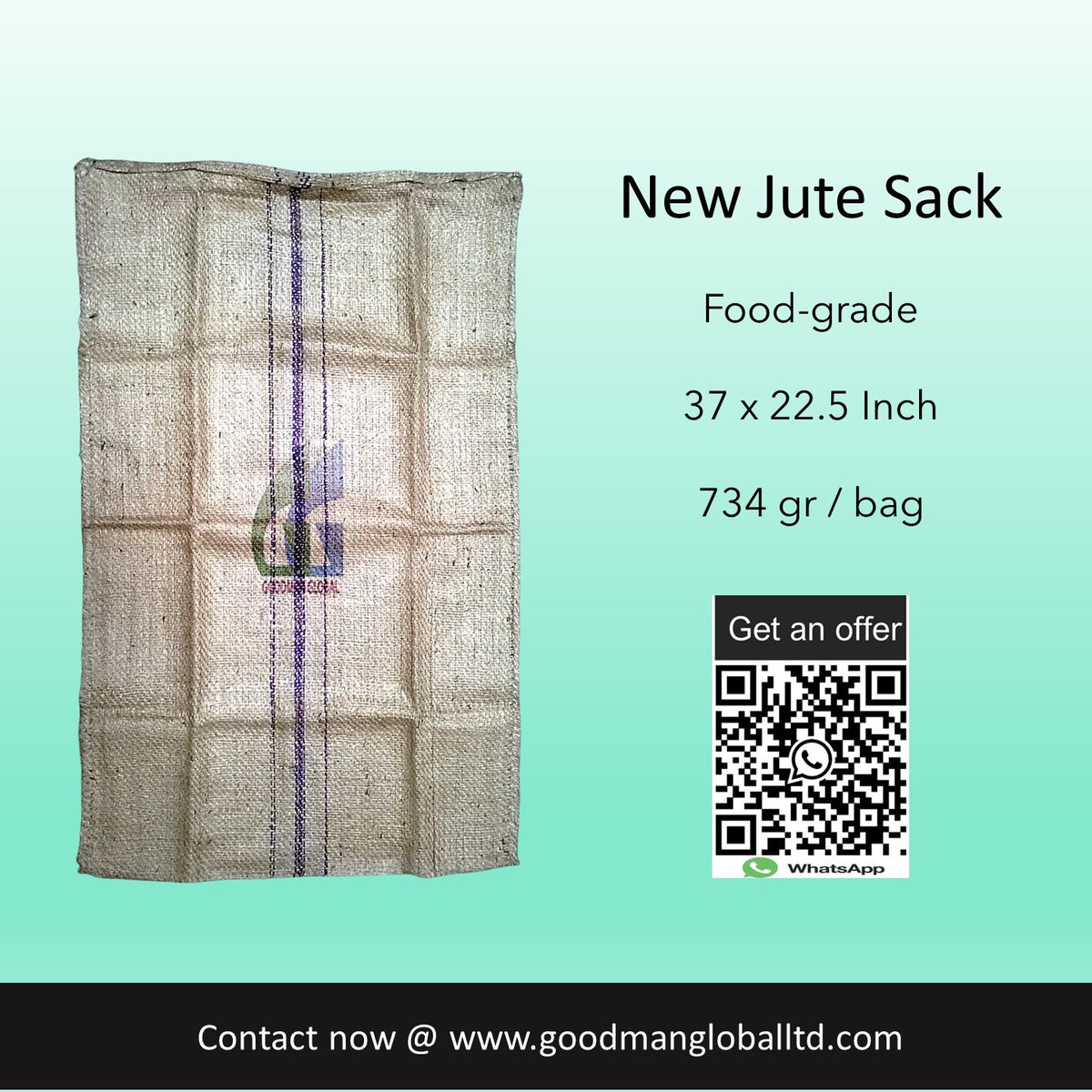 37 x 22.5 inch 734g Food-grade New Jute Bags 👉 goodmangloballtd.com 👉 @Goodman_Global

👉 Used for packing:
# Raw cashew nuts, coffee beans
# Copra, husked coconut
# Maize, rye, sorghum, oats

#jutebags #JuteSack #jutesac #cocoabag #coffeebags #coprasack